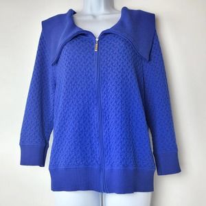 St. John Navy Blue Textured Cowl Neck Zip up Sweater Size Large